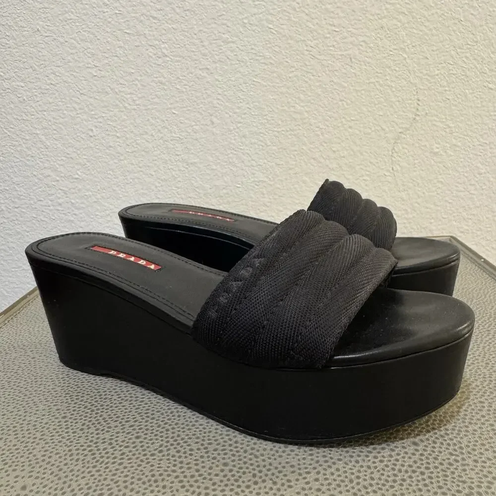 PRADA Logo Black Platform Slide Sandals Size 38.5 Y2K Vintage